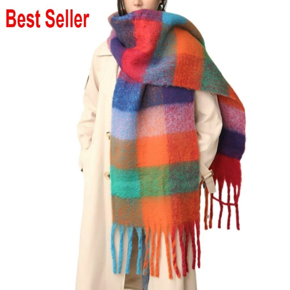 Chunky Knit Oversized Scarf Shawl Plaid Pattern Winter Warm Elegant Chic